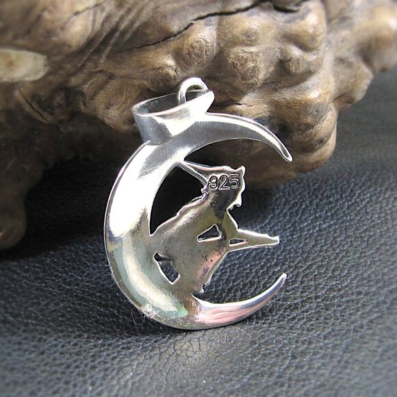 Solid 925 Sterling Silver Crescent Moon Witch Flying on Broomstick Pendant - Picture 3 of 10